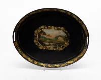 Grand plateau peint à la main, anglais 19e s., victorien, métal laqué noir avec éléments dorés peints à la main, vue d'un château, 46 x 36,5 x 4 cm