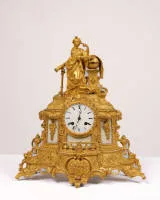 Figural pendulum clock, Paris, 2nd half 19th c., signed "POTONIÈ PARIS", brass case with gilded front in cast metal and alabaster inserts, crowning figure as allegory of the sciences, white enamel dial with Roman numerals and...