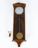 Vienna regulator, Emil Focke, Vienna, mid-19th century, mahogany case glazed on three sides with Schinkel pediment and recessed base, brass plate movement with pendulum, one weight and two mainsprings, repetition, strike on gong, white...