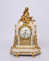 Figure clock "l’Amour vainqeur du Temps", Louis XVI, Paris, circa 1780, signed "Leblond a Paris", marble case with rich gilt applications, crowning Cupid with telescope, enamelled dial with signature and Arabic...