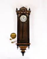 Vienna regulator, Germany/Austria, last quarter 19th c., Historicism case veneered in walnut and walnut burl with ebonized decorative elements, white enamel dial with Roman indices, movement numbered on the back "6685", strike...