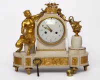 Pendule "Satyre", Louis XVI, France, vers 1780, signée "Grebert a Paris", marbre blanc, bronze doré, satyre, amphore