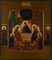Icône, "Sainte Trinité de l'Ancien Testament", Russie, 19e siècle, tempera sur bois, auréoles dorées, sur les bords gauche saint Joachim, droite sainte Tatiana, 31 x 26,5 cm.