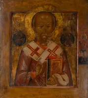 Icône, "Saint Nicolas", Russie, vers 1800, au bord droit Longin, tempera sur bois, fond doré, 31 x 28 cm