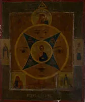 Icoon, "Het alziende oog van God", Rusland, 19e eeuw, tempera op hout, 35,5 x 29 cm, midden boven Moeder Gods van Kazan, linksonder Fedorowskaja, rechtsonder Vreugde van alle lijdenden, linkerrand Theodora, rechts Panteleimon, scheuren.