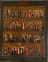 Ikone,"Kalender-Ikone des Monats April", Russland, 19. Jahrhundert, alle Heiligen und Festtage des Monats April, angefangen oben links mit Maria von Ägypten, Tempera auf Holz, 31.5 x 26.5 cm