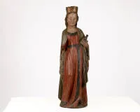 St. Catherine, probably German 19th c., wood, carved in the round, polychrome, 93.5 cm high, paint not original, various paint losses, traces of inactive woodworm infestation, cartwheel only fragmentary