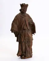 Saint Jean Népomucène, probablement allemand, début du 20e s., bois, sculpté aux trois quarts, 117 cm de haut, mains manquantes, divers manques