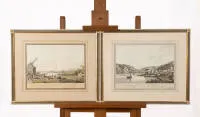 Two colored engravings with views of Astmannshausen (Assmannshausen) and Oestrich, 29 x 44 cm (PM), each framed under glass.