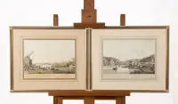 Deux gravures coloriées avec vues d'Astmannshausen (Assmannshausen) et d'Oestrich, 29 x 44 cm (PM), chacune encadrée sous verre.