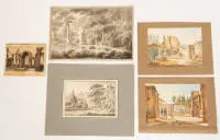 Kavel van negen tekeningen uit de 18e en 19e eeuw, deels inkt gewassen of aquarel, verschillende maten en condities, ongekaderd, deels op karton gemonteerd, catalogusfoto's slechts exemplarisch