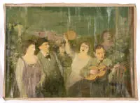 Stock, Franz (1896 Culm - 1970 Berlin), "Soirée musicale conviviale", huile sur toile, signée en bas à droite F. Stock, 105 x 140 cm, sans châssis