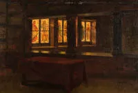 Volkhart, Max (1848 Düsseldorf - 1935 Düsseldorf), "Wnętrze z witrażami", olej na płótnie (dublowane), sygnowany i datowany prawy dolny róg MAX VOLKHART. 1922., 39 x 57 cm