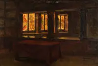 Volkhart, Max (1848 Düsseldorf - 1935 Düsseldorf), "Intérieur avec vitraux", huile sur toile (doublée), signée et datée en bas à droite MAX VOLKHART. 1922., 39 x 57 cm