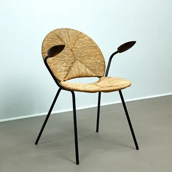 WALTER PAPST. Mauser-Werke Waldeck, stoel / armstoel / Lounge Chair, zeegrasvlechtwerk, ijzer, grenen, jaren 1950, Duitsland.