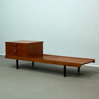 Sitzbank / Telefonbank mit Schubladen, Teak, Metall, 1960er Jahre.