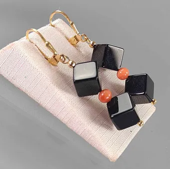 Boucles d'oreilles corail onyx, argent 925.