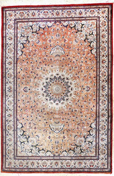 Qom silk, Persia, mid-20th c., pure natural silk, approx. 300 x 200 cm, discolored, EHZ: