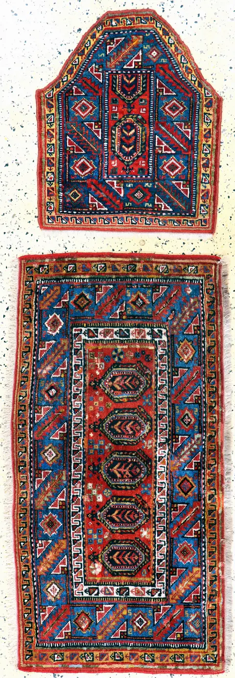 2 lots of Meschgin Mafrasch parts, Persia, around 1900, wool on wool, approx. 124 x 64 cm &