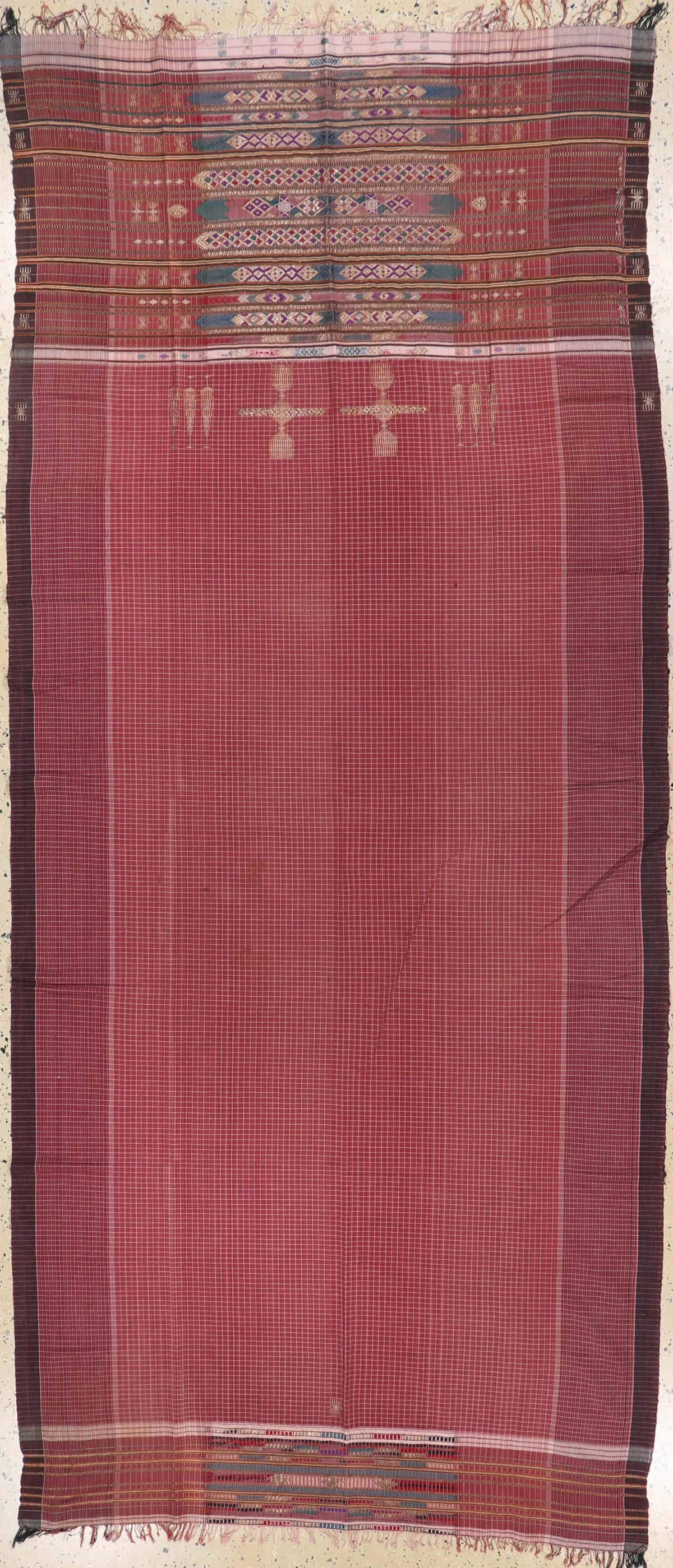 "Ceremonial cloth", Burma, early 20th c., cotton cloth embroidered with silk and metal