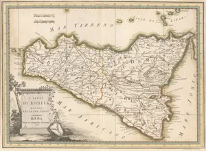 L'isola di Sicilia – divisa nelle sue valli". Kupferstichkarte aus dem "Nuovo atlante geografico universale" des Giovanni Maria Cassini.