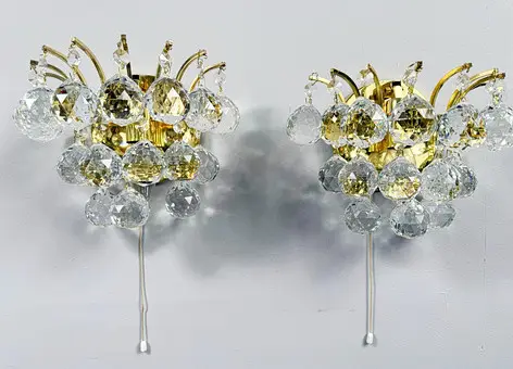 Set van 2 wandlampen met kristallen glazen van Ernst Palme, Hollywood Regency, Duitsland, jaren 1960.
