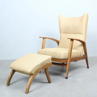 KNOLL ANTIMOTT. Křeslo / Lounge Chair a Ottoman, dřevo, látka, Německo, 1950. léta (2).