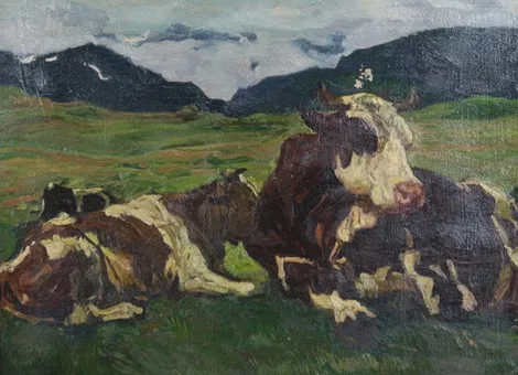 CARL EDERER (1875-1950). Olej na tekturze, '' Krowy na pastwisku ''.