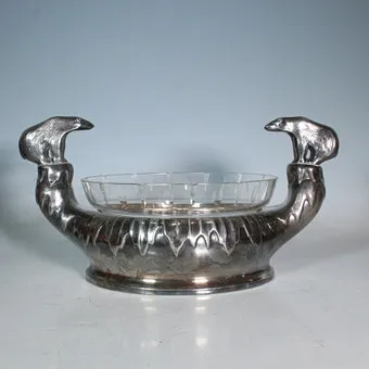 GAB Guldsmedsaktiebolaget, Silver-plated Art Deco jardiniere with cut glass insert and polar bear handles, circa 1925-1935, Stockholm, Sweden.