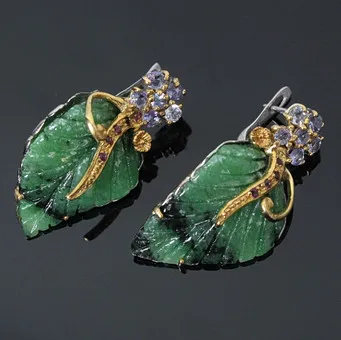 Handmade stud earrings with ruby - zoisite, tanzanite and rhodolite garnet, 925 silver.