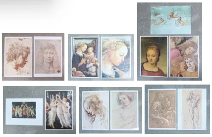13 reproductions d'après BOTTICELLI, RAPHAËL, MICHEL-ANGE, LÉONARD DE VINCI, PETER PAUL RUBENS, ANDREA DEL SARTO et FILIPPO LIPPI.