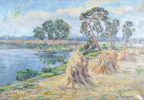 KARL BERGER (1911-C.1945). Olej na płótnie, '' Schilfgarben am Ufer ''.