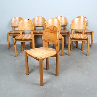 RAINER DAUMILLER. 8 chairs / dining chairs, pine, 1970s, Denmark.