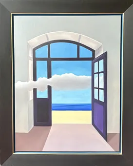 DOBOCAN, DORÉL. Surrealist interior composition, 1999, oil on canvas, overall dimensions approx. 109.5 x 89 cm.