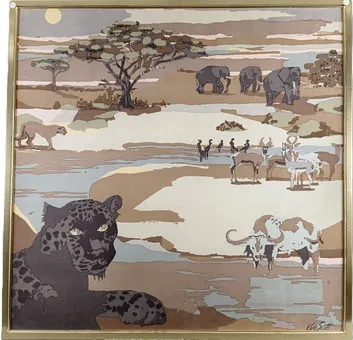 KEN SCOTT. "Safari", dekoratives Seidentuch/Textilbild, wohl Italien, 1960er/70er Jahre.