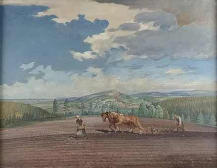 HERRMANN, A. F. (XX w.). Praca w polu (1947), olej na płótnie, wymiary całkowite ok. 97,5 x 122 cm.