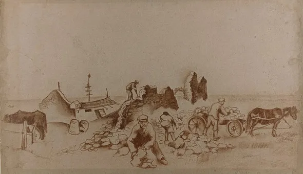 RYBACK, ISSACHAR BER. "Der Hausabriss in der Kolchose" / "House tear down in Kolchos", hnědá křída na papíře.