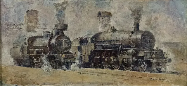 NEZNÁMÝ/Á UMĚLEC/UMĚLKYNĚ (20. STOL.). Náladová scéna se dvěma historickými parními lokomotivami, olej na dřevovláknité desce.