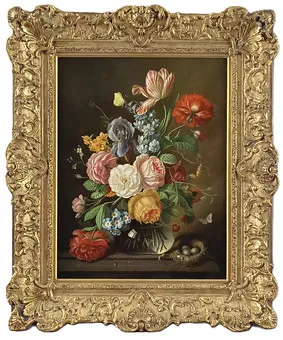 HOLSTAYN, JOSEF. Blumenstillleben mit Vogelnest im altniederländischen Stil, Öl auf Leinwand.