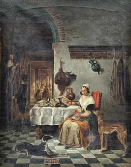 NIEDERLÄNDISCHE SCHULE (wohl 19. Jh.) - Wirtshausinterieur mit Geflügel zubereitender Magd, Öl auf Leinwand.