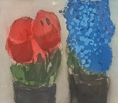 FUSSMANN, KLAUS. "Rittersporn und rote Tulpen", 1994, Aquatinta, Farbradierung auf Papier.