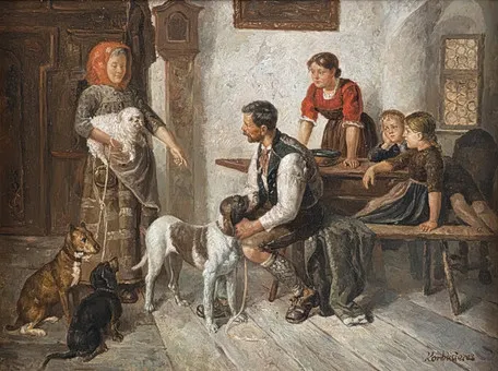 ADOLF EBERLE. REPLIKA. Prodavačka psů, olej na dřevěné desce.