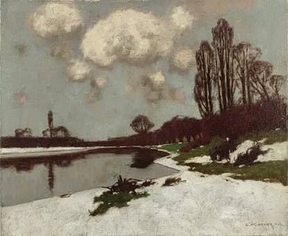 KÜSTNER, CARL (1861 GUNTERSBLUM - MÜNCHEN 1934) - SCHNEESCHMELZE AM SEEUFER.
