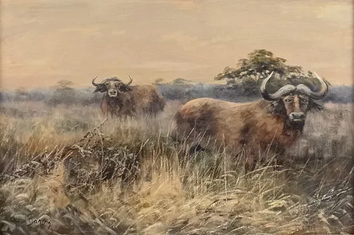 DAHMS, PAUL WILHELM. Večerní savanová krajina s africkými buvoly, olej na plátně.