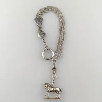 Schieber-Taschenuhrenkette mit Pferdeanhänger, Silber.