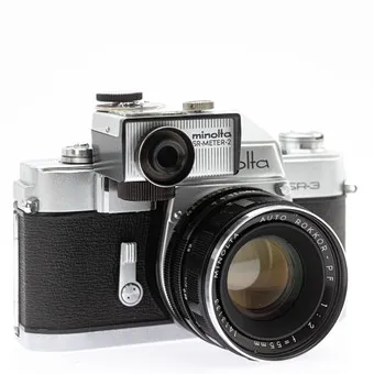 Minolta SR-3, 35-мм малоформатный зеркальный фотоаппарат (SN1423896) с объективом Minolta Auto Rokkor - PF 1:2/55mm (SN 1413133) и экспонометром Minolta SR-Meter-2.