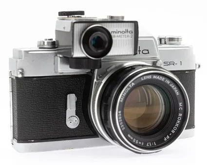 Minolta SR-1 / Model V, 35mm SLR camera (SN 2292821) with Minolta Lens MD Rokkor 1:1.7/50mm (SN 5385849) and Minolta SR-Meter-2.