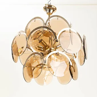 Chandelier / Ceiling Lamp with Glass Panels and Brass Frame, 1970s.