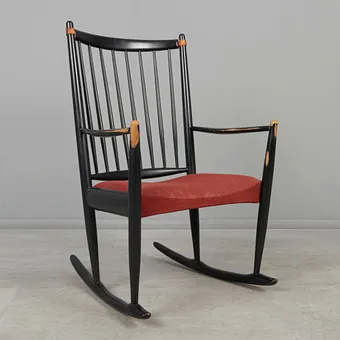 NIELS EILERSEN. Houpací křeslo / židle, dřevo, textil, 60. léta, Dánsko.