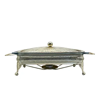 BRITISCHE SERVIERSCHALE AUS METALL MIT HITZEBESTÄNDIGEM PYREX-GLAS.